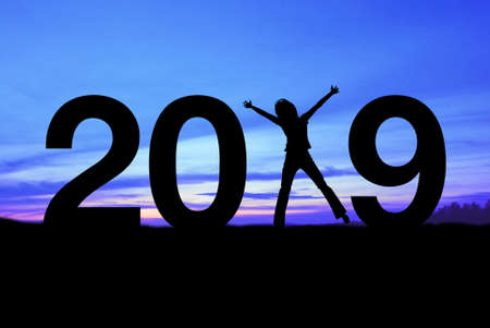 2019 new year concept. Silhouette number on the hill. New year is the first day of the year in the Gregorian calendar.の写真素材