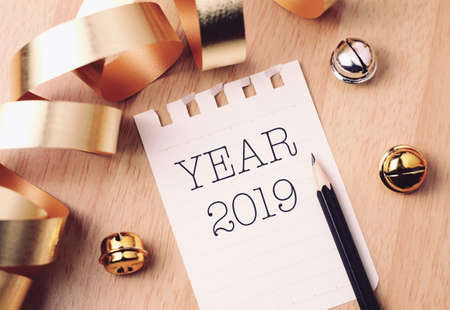 Happy new year 2019 with colorful decoration. New year is the first day of the year in the Gregorian calendar.の写真素材