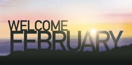 Silhouette February with sunrise. Wish you have a wonderful month.の写真素材