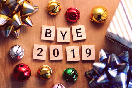 Goodbye 2019 with colorful decoration. New year is the first day of the year in the Gregorian calendar.の写真素材