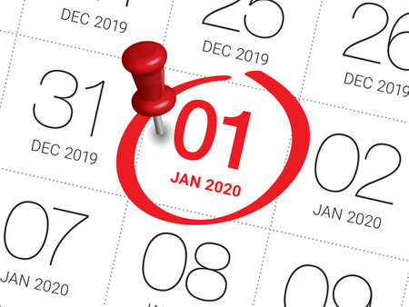 Close up of first day of the year 2020 on diary calendar. New year is the first day of the year in the Gregorian calendar.のイラスト素材