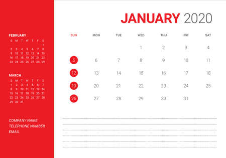 January 2020 desk calendar vector illustration, simple and clean design.のイラスト素材