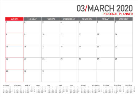 March 2020 desk calendar vector illustration, simple and clean design. 
のイラスト素材
