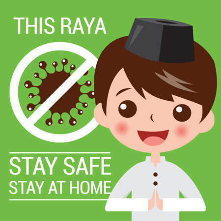 Selamat Hari Raya aidilfitri and please stay at home. Muslims prepare to celebrate Hari Raya at home to avoid the spread of viruses covid-19.のイラスト素材