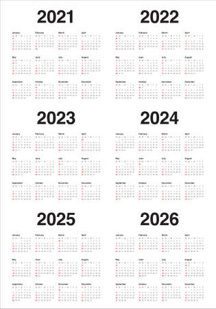 Year 2021 2022 2023 2024 2025 2026 calendar vector design template, simple and clean designのイラスト素材