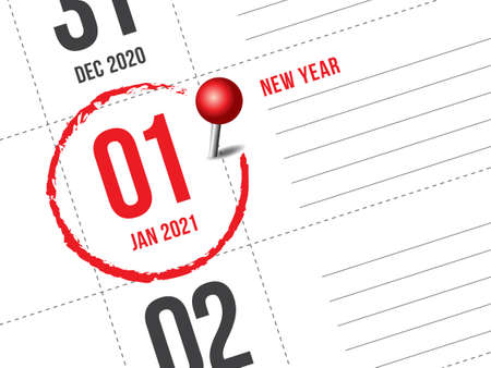 Close up of first day of the year 2021 on diary calendar, simple and clean design vector.のイラスト素材