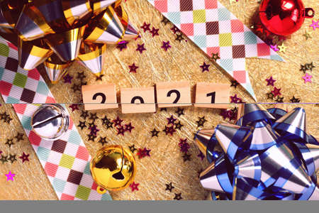 Happy new year 2021 with colorful decoration. New year is the first day of the year in the Gregorian calendar.の写真素材