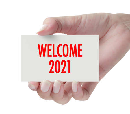 Welcome new year 2021 with hand. New year is the first day of the year in the Gregorian calendar.の写真素材