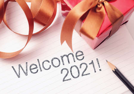 Welcome new year 2021 with decoration. We wish you a new year filled with wonder, peace, and meaning.の写真素材