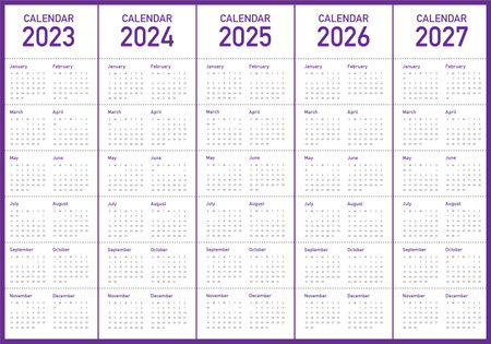 2023 2024 2025 2026 2027 calendar year vector design template, simple and clean designのイラスト素材