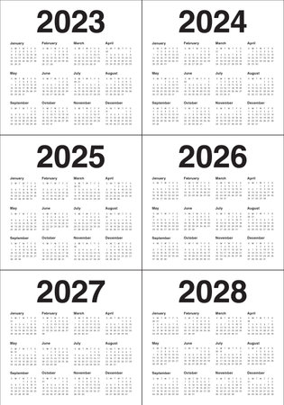 2023 2024 2025 2026 2027 2028 calendar year vector design template, simple and clean designのイラスト素材