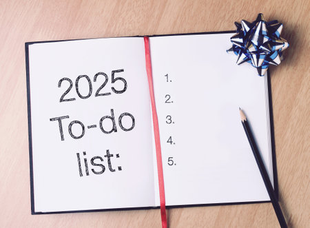 2025 to do list with blue decoration. We wish you a new year filled with wonder, peace, and meaning.の写真素材