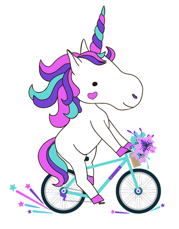 Hand drawn vector illustration. Unicorn ridding on a bicycle. Cute character design for t-shirts, greeting cards and invitations. For bike loversのイラスト素材