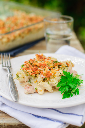 Tuna, Leek, Mornay and Orange Pasta Bake with Bread Crumb and Cheese Topping Macaroni and Cheese, copy space for your textの写真素材