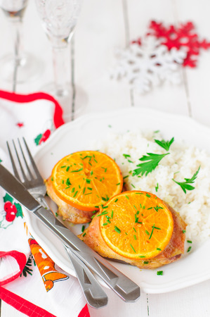 Spiced Orange Roast Chicken with Rice, Christmas Atmosphereの写真素材
