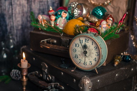 Retro Alarm Clock, Vitage Leather Suitcases, Old Fashioned Christmas Tree Decorations, copy space...