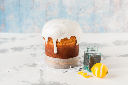 Kulich, Russian Easter Bread with Poppy Seed and Lemon Zest, copy space for your text