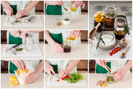 A Step by Step Collage of Making 3 Types of Meat Marinades: Buttermilk, Red Wine and Spiced Moroccan Styleの写真素材