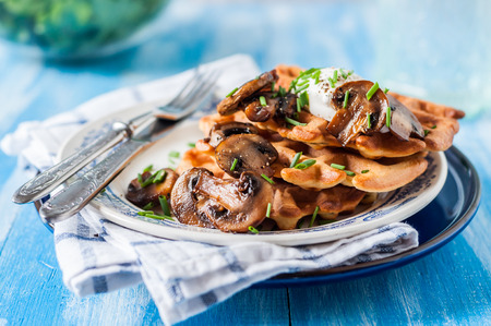 Potato Waffles with Mushrooms, Sour Cream and Chivesの写真素材