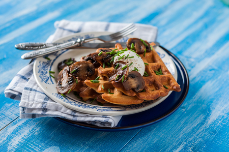 Potato Waffles with Mushrooms, Sour Cream and Chivesの写真素材