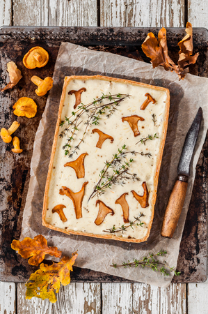 Rectangular Chanterelle and Thyme Tart on a Baking Tray, copy space for your textの写真素材
