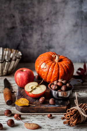 Pumpkin, Apple, Hazelnut and Cinnamon Pie Ingredients, copy space for your textの写真素材
