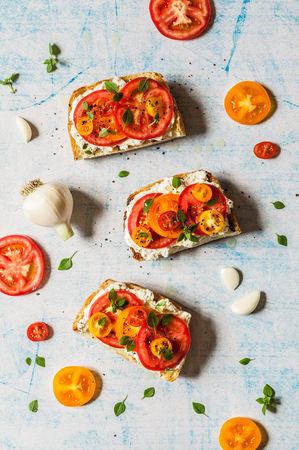Fresh Tomato, Basil and Cream Cheese  Bruschettaの写真素材