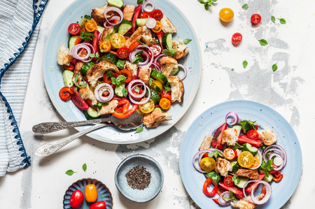 Panzanella, Italian Bread and Fresh Vegetable Salad, copy space for your textの写真素材