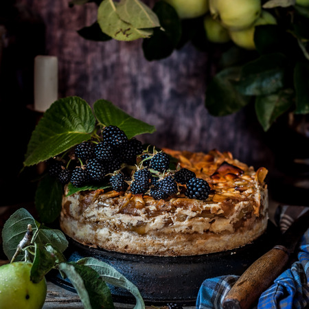 Rustic Apple Pie Decorated with Some Blackberries, squareの写真素材