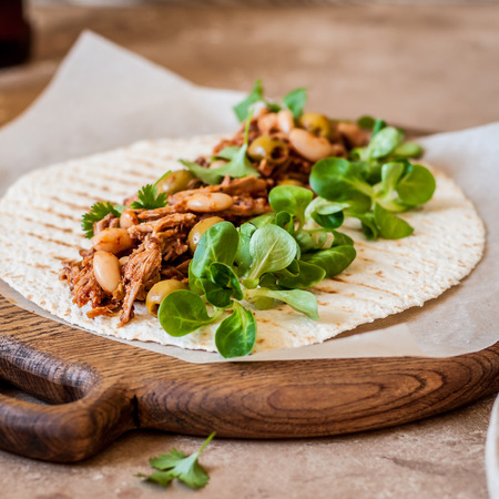 Tomato, Bean and Olive Pulled Pork Tortilla Wraps, square