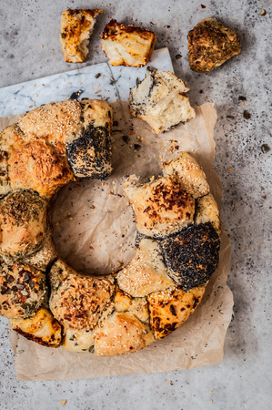 Savoury Monkey Puzzle Bread with Herbs, Seeds, Nuts and Cheese, copy space for your textの写真素材
