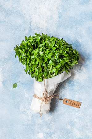 A Bunch of Basil Wrapped in Paper, copy space for your textの写真素材