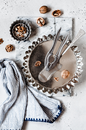 Ingredients and Various Kitchenware for Walnut Pieの写真素材