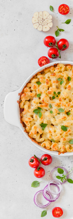 Pasta and Cheese Bake, banner,  copy space for your textの写真素材