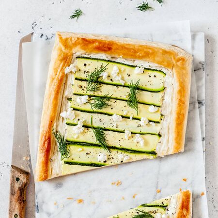 Puff Pastry Zucchini and Cheese Tart with Dill, squareの写真素材