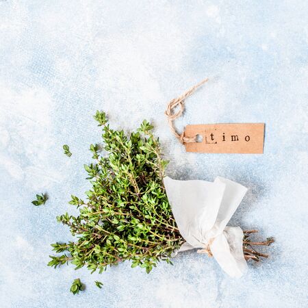 A Bunch of Fresh Thyme Wrapped in Paper, Timo in Italian, squareの写真素材