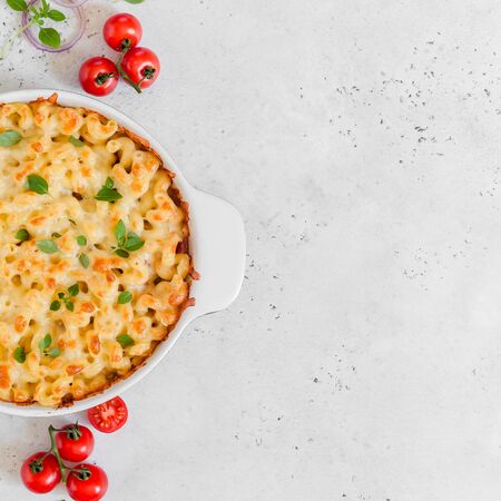 Pasta and Cheese Bake, square, copy space for your textの写真素材