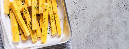 Polenta Chips with Chives, banner, copy space for your textの写真素材