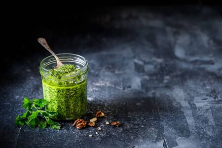 Fresh Parsley and Walnut Pesto Sauce, copy space for your textの写真素材