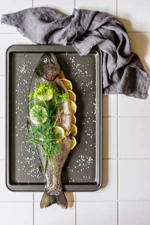 Whole Raw Trout / Salmon with Lemon and Dill on the Baking Tray Prepared to Be Roasted, copy space for textの写真素材