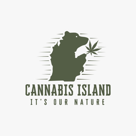Vintage retro bear island, bear holding cannabis marijuana hemp island logo icon vector template on white backgroundのイラスト素材