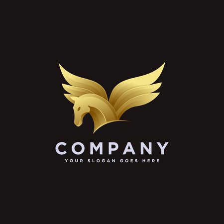 Modern powerful elegance gold pegasus logo icon vector illustration on black backgroundのイラスト素材