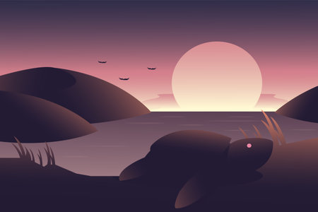 Modern scenery turtle, sunset and sea landscape logo icon vector template on dark background, circle modern badge label emblem, turtle logoのイラスト素材