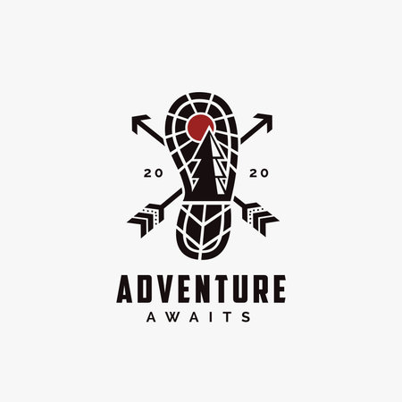 Outdoor adventure travel badge logo with nature landscape and trekking footmarks vector illustrations templateのイラスト素材