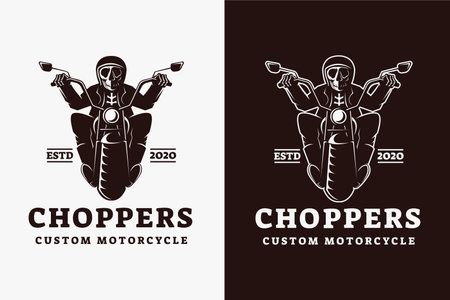 Chopper biker with skeleton skull rider and custom motorcycle logo vector illustration on white backgroundのイラスト素材