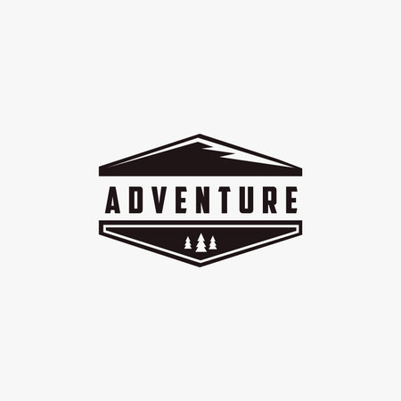 Minimalist outdoor adventure badge logo with pine trees and mountain vector illustrationのイラスト素材
