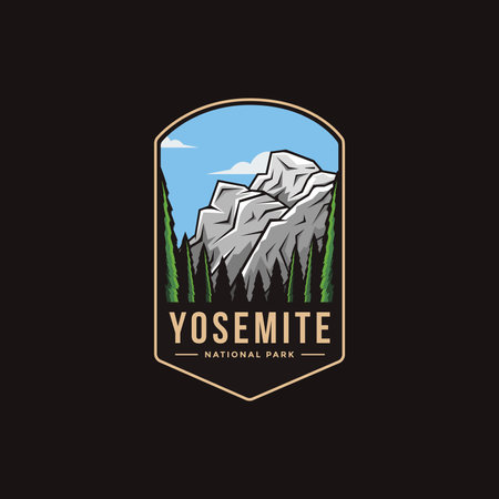 Emblem patch logo illustration of Yosemite National Park on dark backgroundのイラスト素材