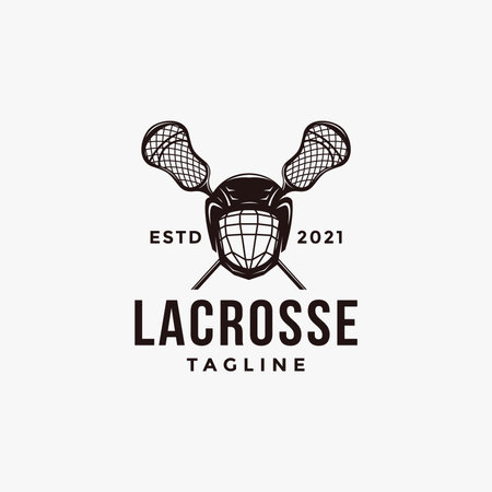 Vintage seal badge lacrosse sport logo with crossed lacrosse stick and helmet vector icon on white backgroundのイラスト素材