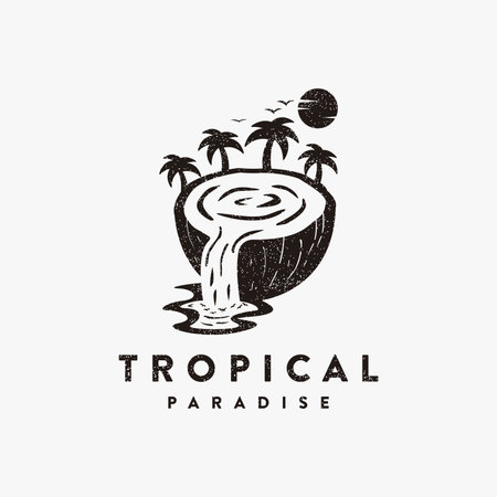 Traveling logo, coconut with waterfall and tropical theme logo vector icon on white backgroundのイラスト素材