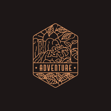 Emblem forest and waterfall adventure logo icon vector template with line art style on black backgroundのイラスト素材